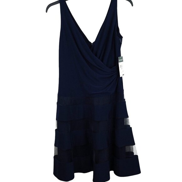 NWT Lauren Ralph Lauren Navy Sleeveless Lace Panel Fit & Flare Dress‎  Size 10P - Picture 1 of 11